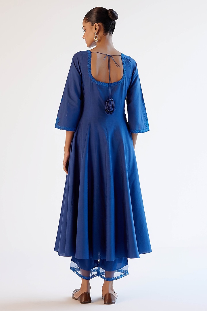 Blue Cotton Silk Blend Resham Embroidered Wedding Anarkali Set by Devnaagri at Pernia's Pop Up Shop