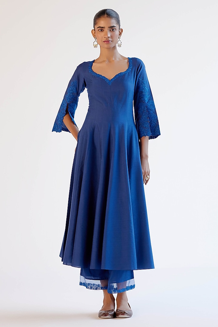 Blue Cotton Silk Blend Resham Embroidered Wedding Anarkali Set by Devnaagri at Pernia's Pop Up Shop