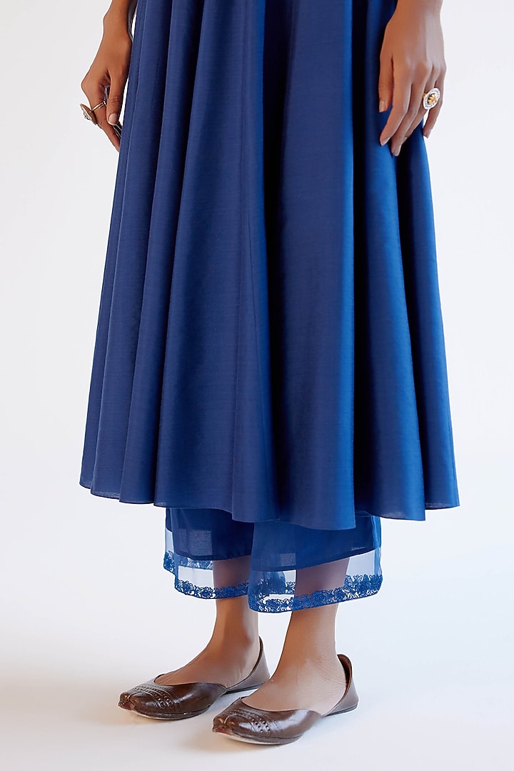 Blue Cotton Silk Blend Resham Embroidered Wedding Anarkali Set by Devnaagri at Pernia's Pop Up Shop