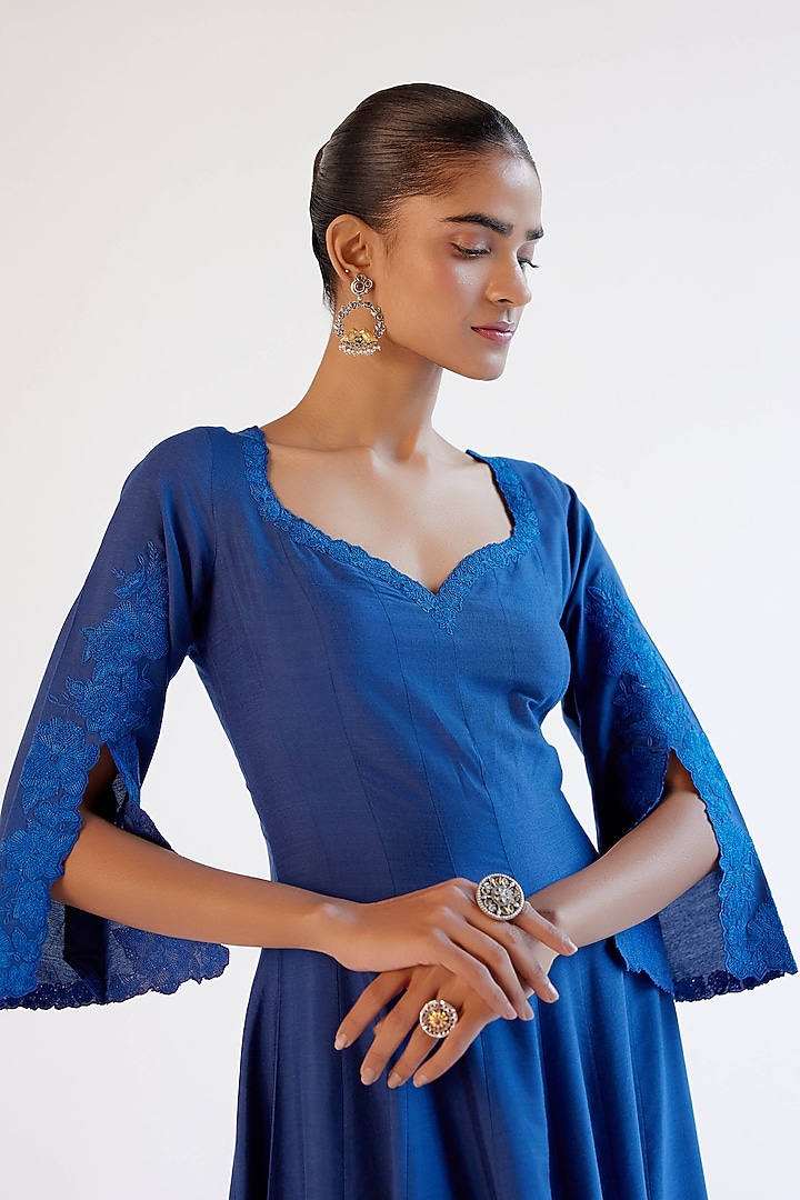 Blue Cotton Silk Blend Resham Embroidered Wedding Anarkali Set by Devnaagri at Pernia's Pop Up Shop