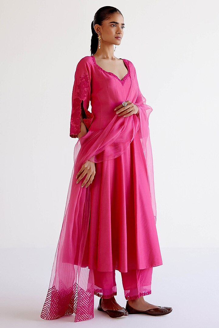 Fuchsia Pink Cotton Silk Blend Resham Embroidered Wedding Anarkali Set by Devnaagri at Pernia's Pop Up Shop