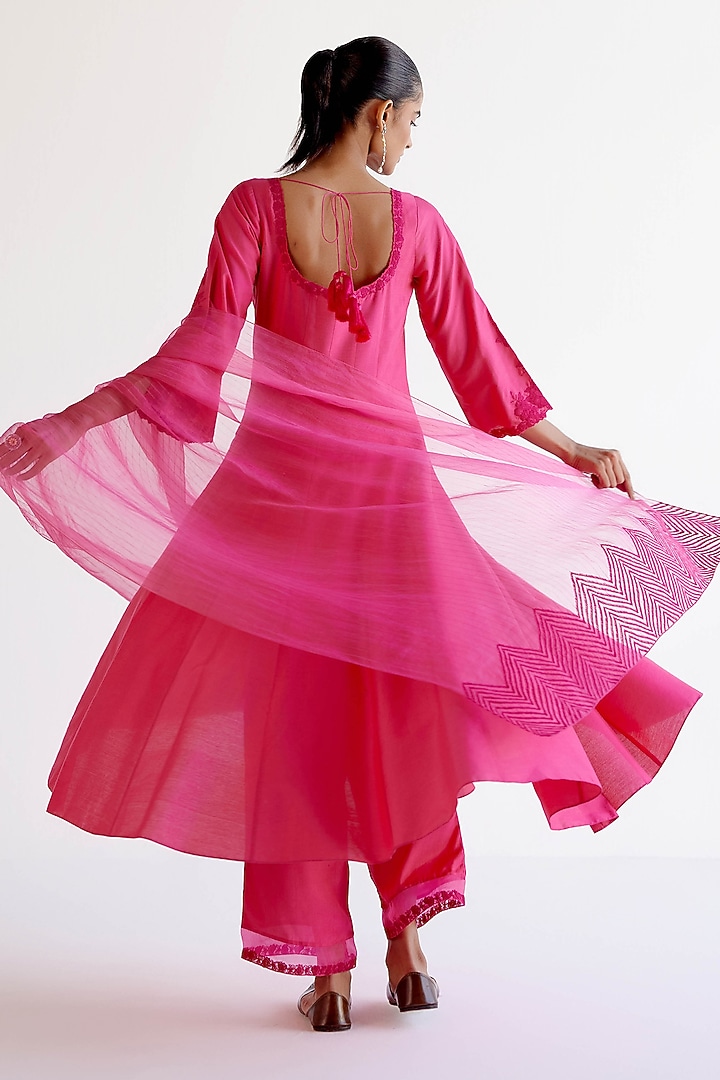 Fuchsia Pink Cotton Silk Blend Resham Embroidered Wedding Anarkali Set by Devnaagri at Pernia's Pop Up Shop