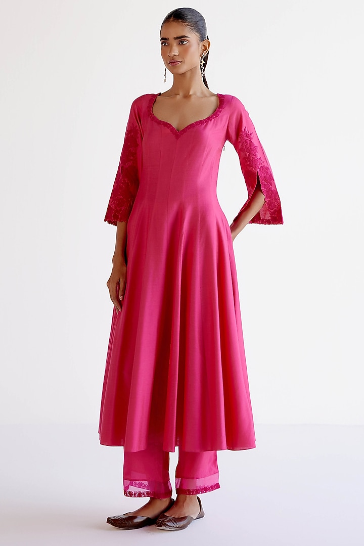 Fuchsia Pink Cotton Silk Blend Resham Embroidered Wedding Anarkali Set by Devnaagri at Pernia's Pop Up Shop