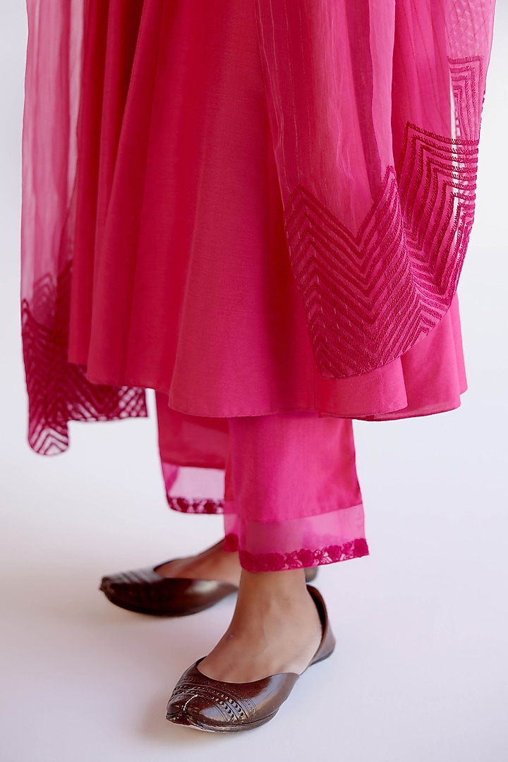 Fuchsia Pink Cotton Silk Blend Resham Embroidered Wedding Anarkali Set by Devnaagri at Pernia's Pop Up Shop