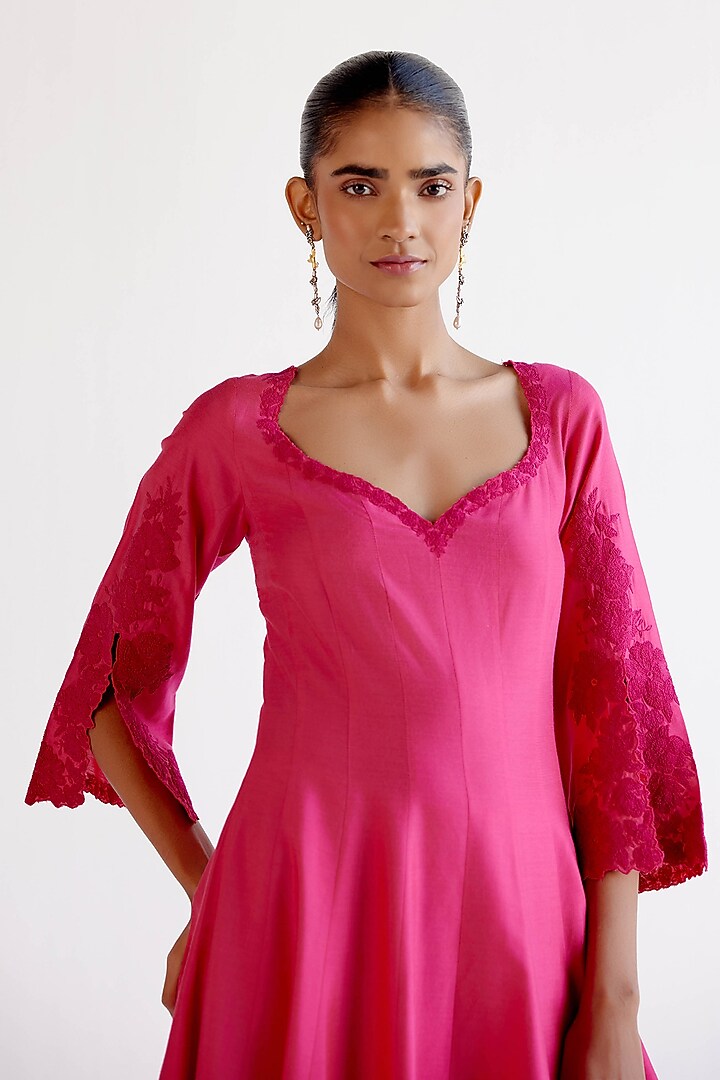 Fuchsia Pink Cotton Silk Blend Resham Embroidered Wedding Anarkali Set by Devnaagri at Pernia's Pop Up Shop