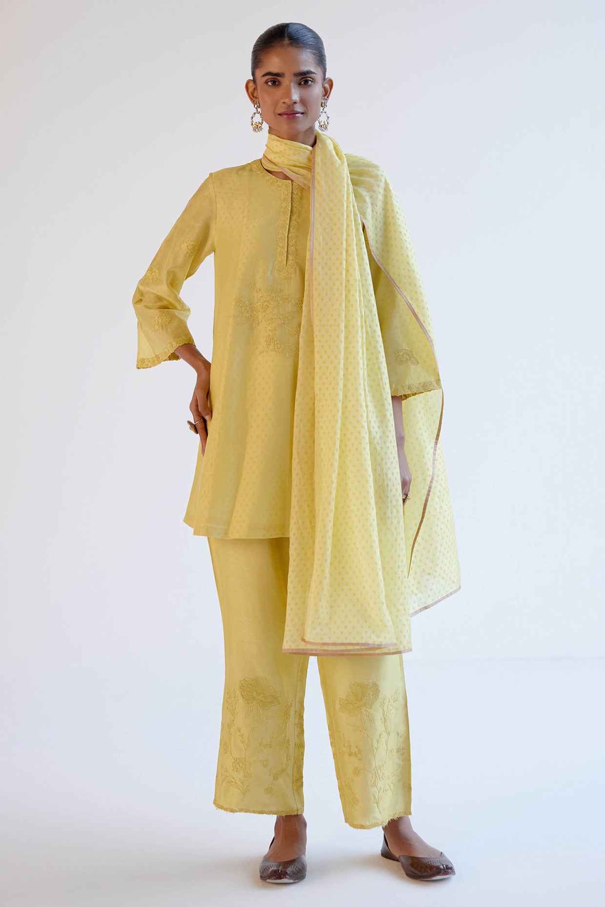 Lemon Yellow Silk Chanderi Block Printed Short Kurta Set by Devnaagri at Pernia's Pop Up Shop