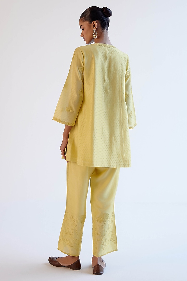 Lemon Yellow Silk Chanderi Block Printed Short Kurta Set by Devnaagri at Pernia's Pop Up Shop