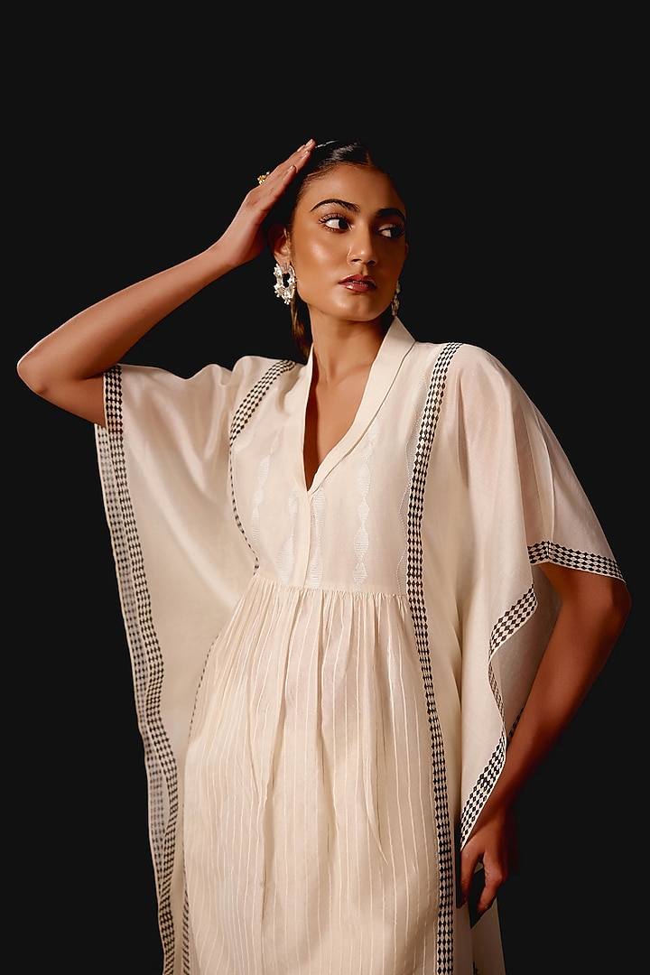Ivory Silk Chanderi Aari Work Flared Kaftan Set by Devnaagri at Pernia's Pop Up Shop