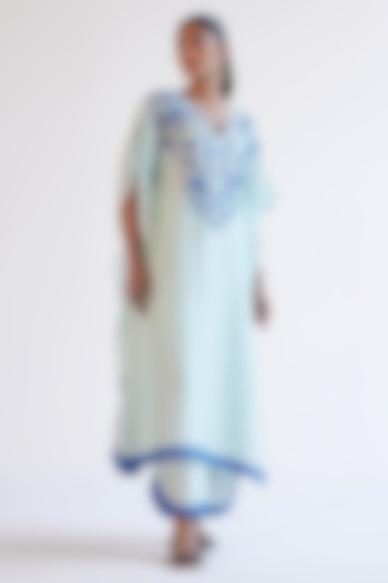 Light Blue Summer Tussar Dori Embroidered Kaftan Set by Devnaagri at Pernia's Pop Up Shop