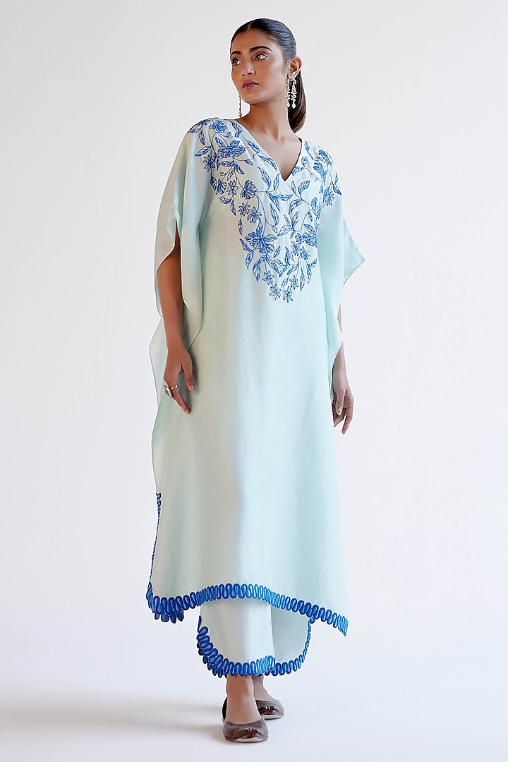 Light Blue Summer Tussar Dori Embroidered Kaftan Set by Devnaagri at Pernia's Pop Up Shop