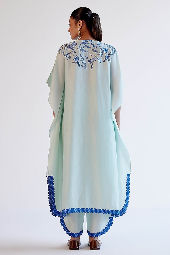 Light Blue Summer Tussar Dori Embroidered Kaftan Set by Devnaagri at Pernia's Pop Up Shop