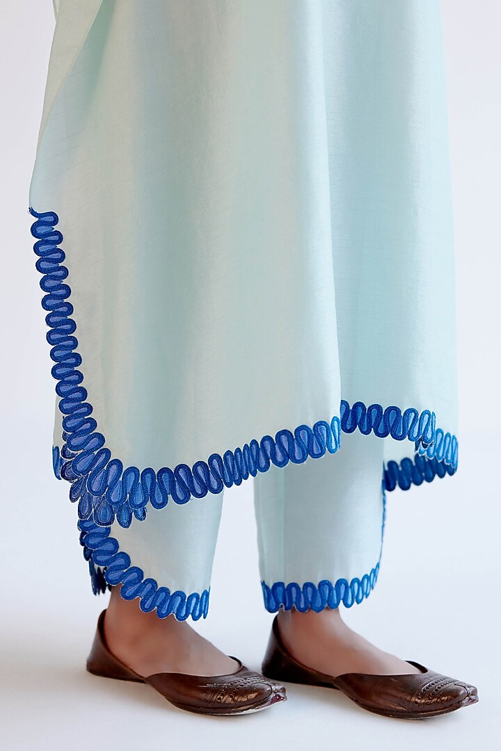 Light Blue Summer Tussar Dori Embroidered Kaftan Set by Devnaagri at Pernia's Pop Up Shop