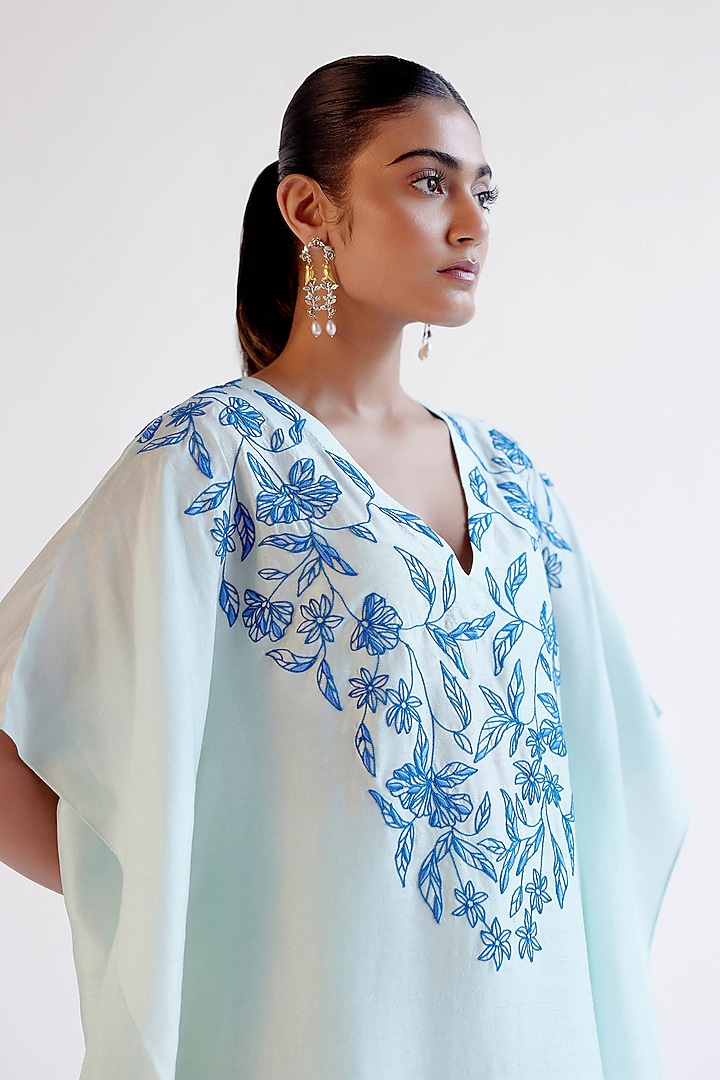 Light Blue Summer Tussar Dori Embroidered Kaftan Set by Devnaagri at Pernia's Pop Up Shop