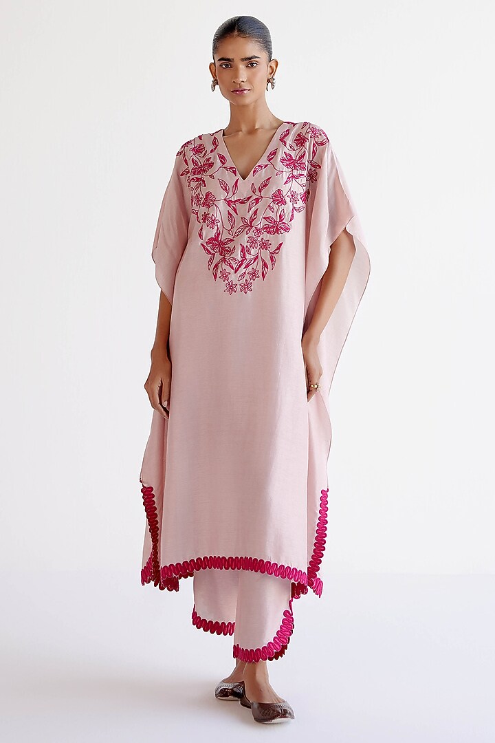 Blush Pink Summer Tussar Dori Embroidered Kaftan Set by Devnaagri at Pernia's Pop Up Shop