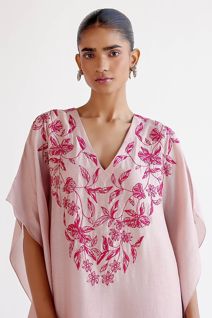 Blush Pink Summer Tussar Dori Embroidered Kaftan Set by Devnaagri at Pernia's Pop Up Shop