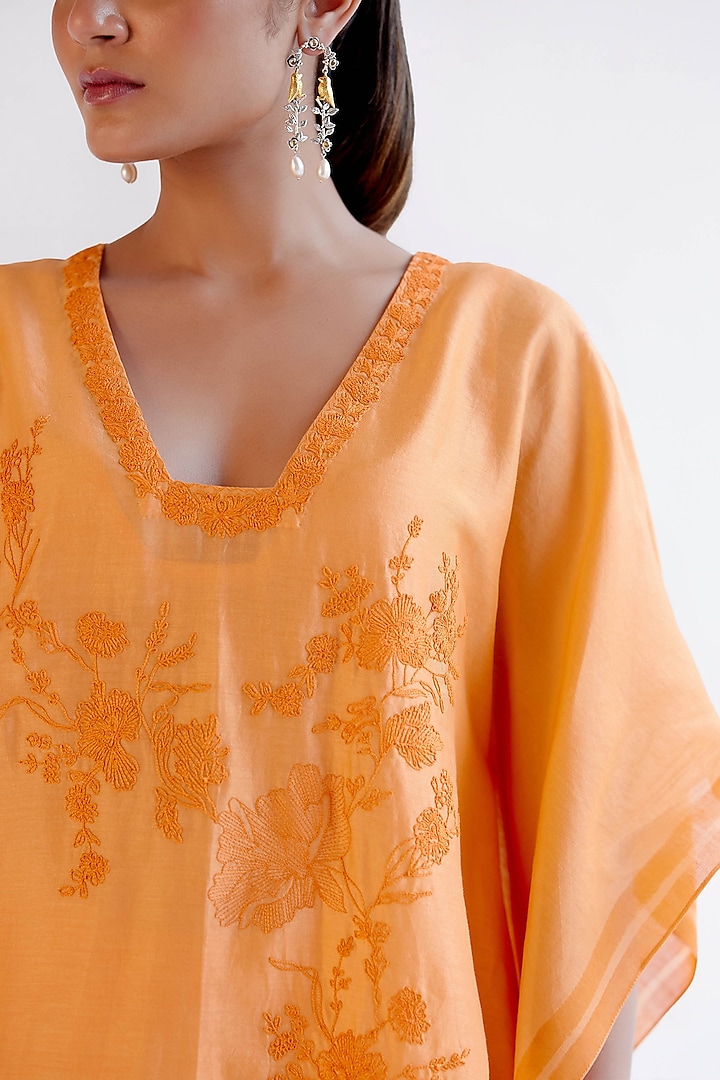 Orange Silk Chanderi Dori Embroidered Kaftan Set by Devnaagri at Pernia's Pop Up Shop