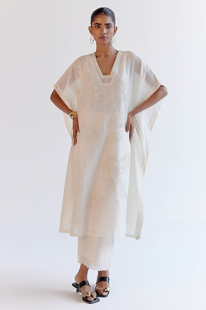 Ivory Silk Chanderi Dori Embroidered Kaftan Set by Devnaagri at Pernia's Pop Up Shop