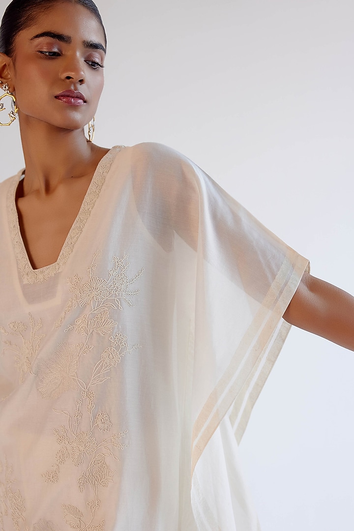 Ivory Silk Chanderi Dori Embroidered Kaftan Set by Devnaagri at Pernia's Pop Up Shop
