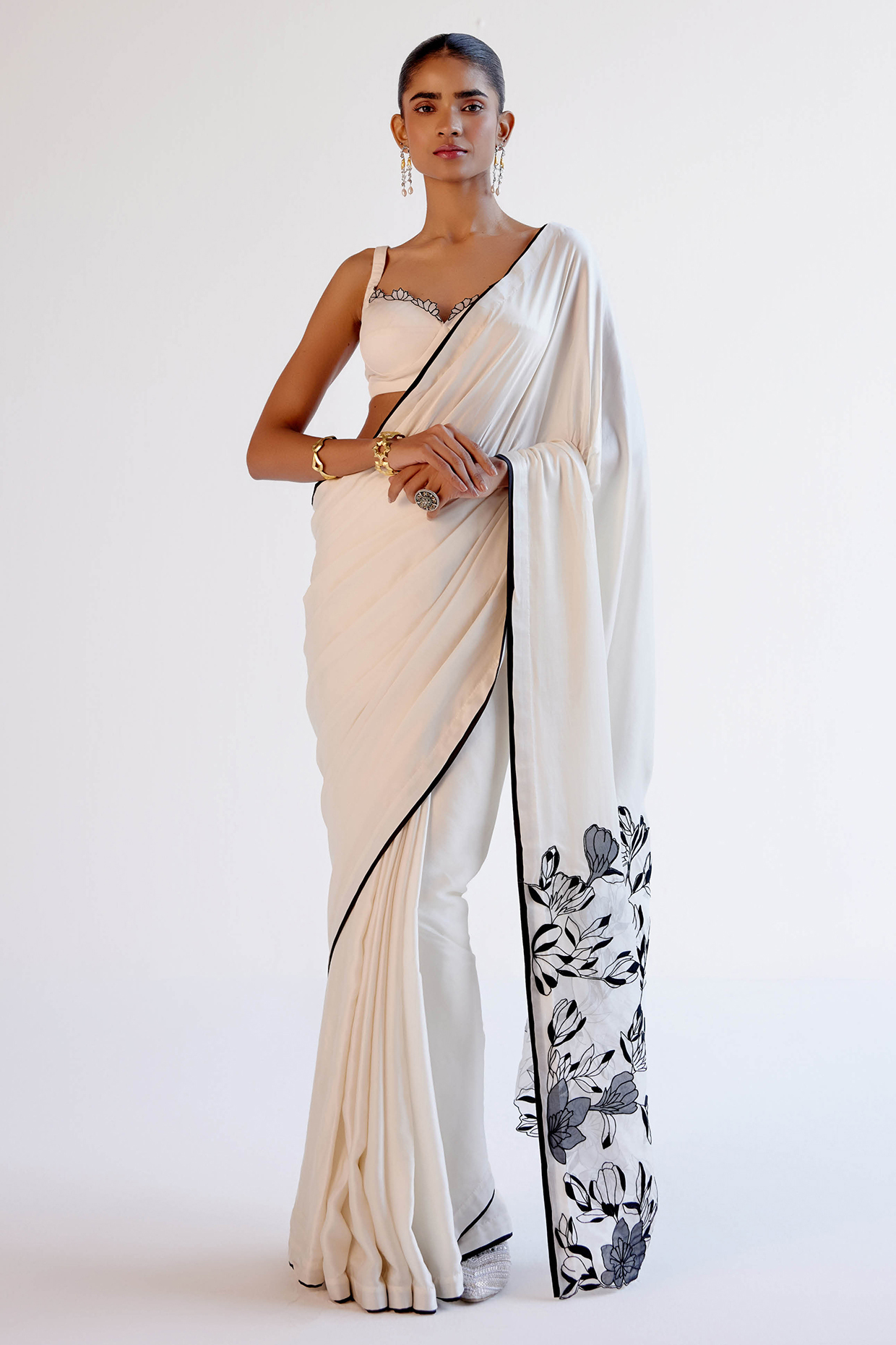 Ivory Modal Satin Patchwork Wedding Saree Set by Devnaagri at Pernia's Pop Up Shop