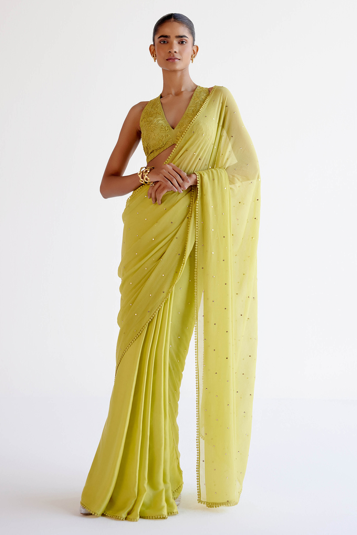 Green Chiffon & Modal Satin Mukaish Embroidered Wedding Saree Set by Devnaagri at Pernia's Pop Up Shop