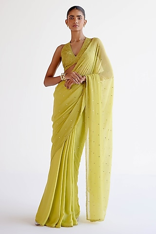 Green Chiffon & Modal Satin Mukaish Embroidered Saree Set by Devnaagri