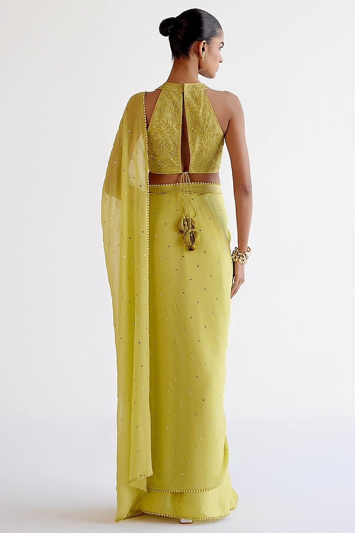 Green Chiffon & Modal Satin Mukaish Embroidered Wedding Saree Set by Devnaagri at Pernia's Pop Up Shop