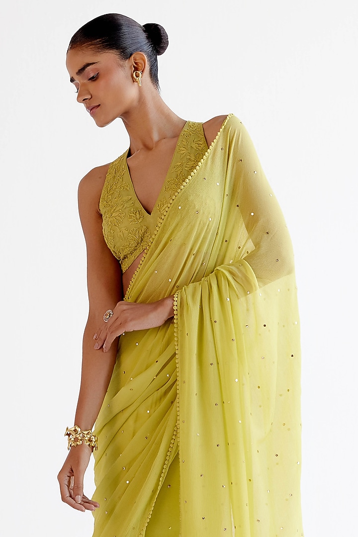 Green Chiffon & Modal Satin Mukaish Embroidered Wedding Saree Set by Devnaagri at Pernia's Pop Up Shop