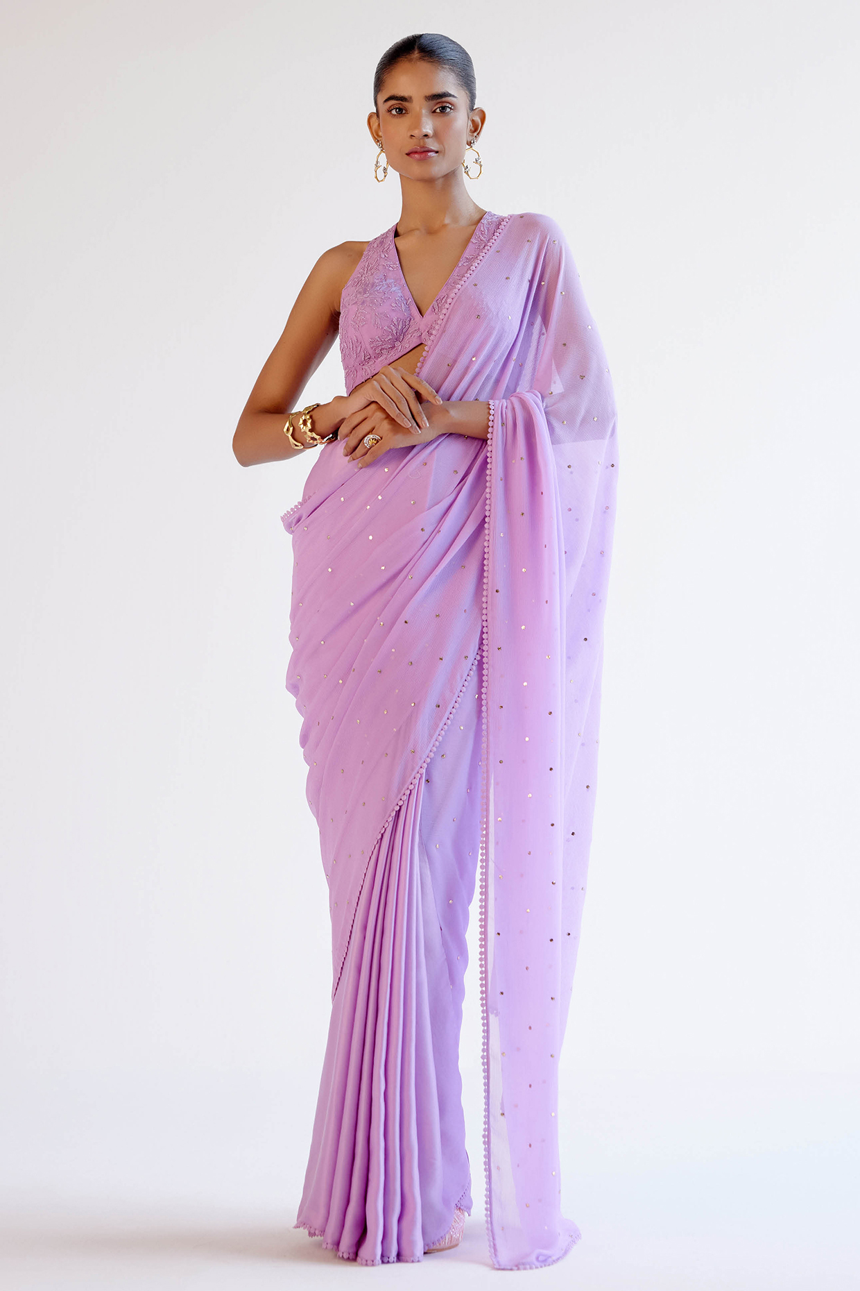 Lilac Chiffon & Modal Satin Mukaish Embroidered Wedding Saree Set by Devnaagri at Pernia's Pop Up Shop