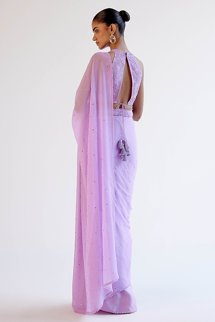 Lilac Chiffon & Modal Satin Mukaish Embroidered Wedding Saree Set by Devnaagri at Pernia's Pop Up Shop