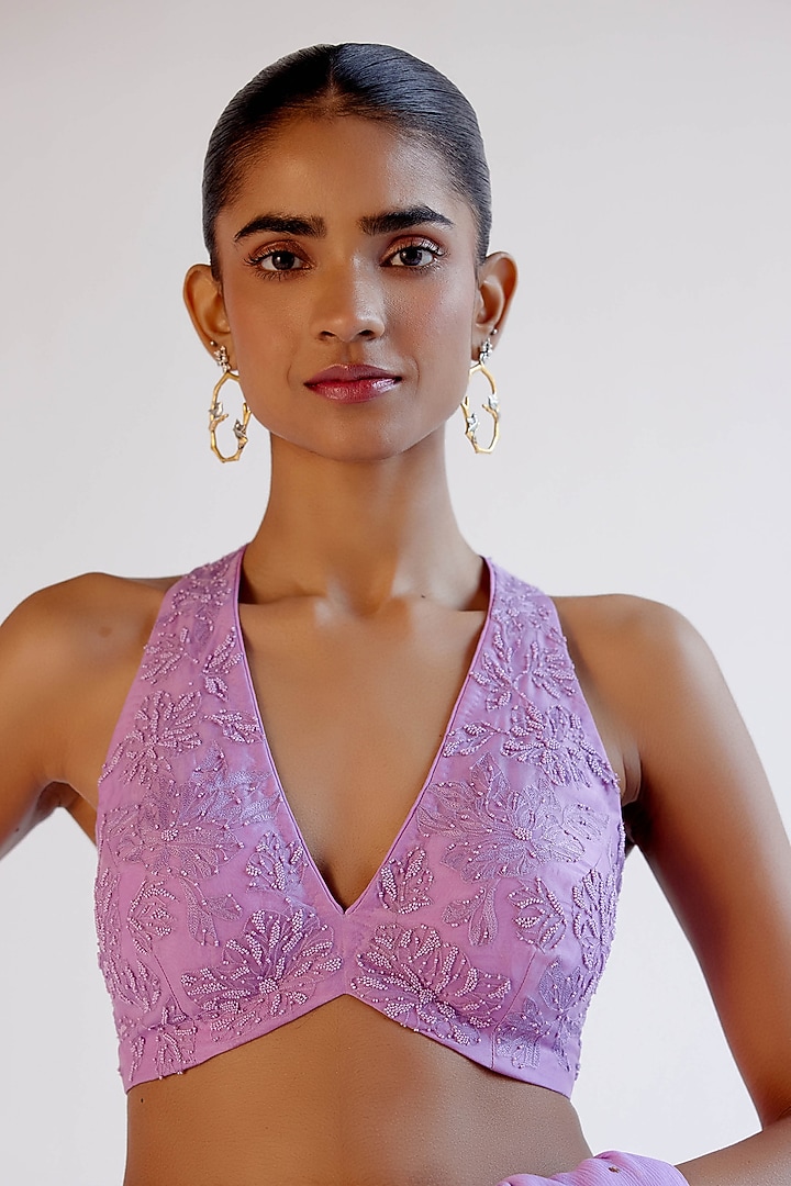 Lilac Chiffon & Modal Satin Mukaish Embroidered Wedding Saree Set by Devnaagri at Pernia's Pop Up Shop