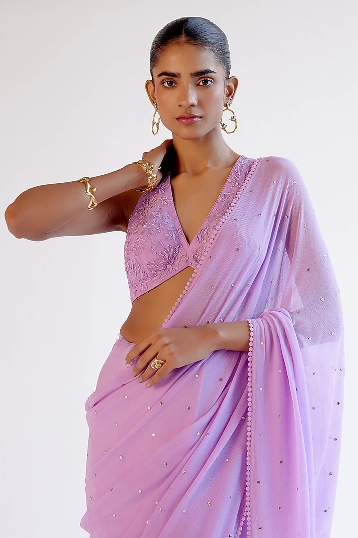 Lilac Chiffon & Modal Satin Mukaish Embroidered Wedding Saree Set by Devnaagri at Pernia's Pop Up Shop