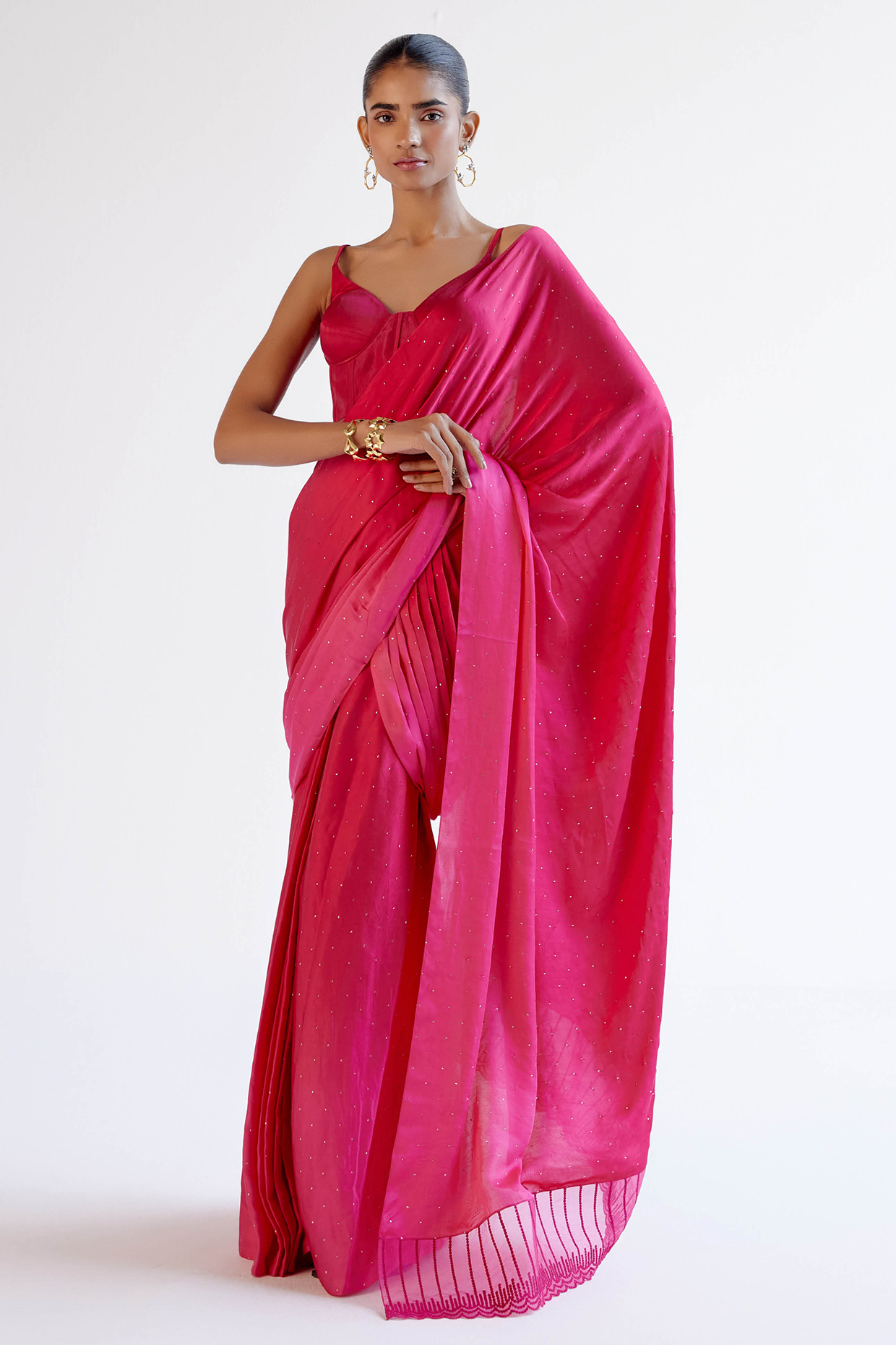Fuchsia Pink Modal Satin Pre-Draped Wedding Saree Set by Devnaagri at Pernia's Pop Up Shop