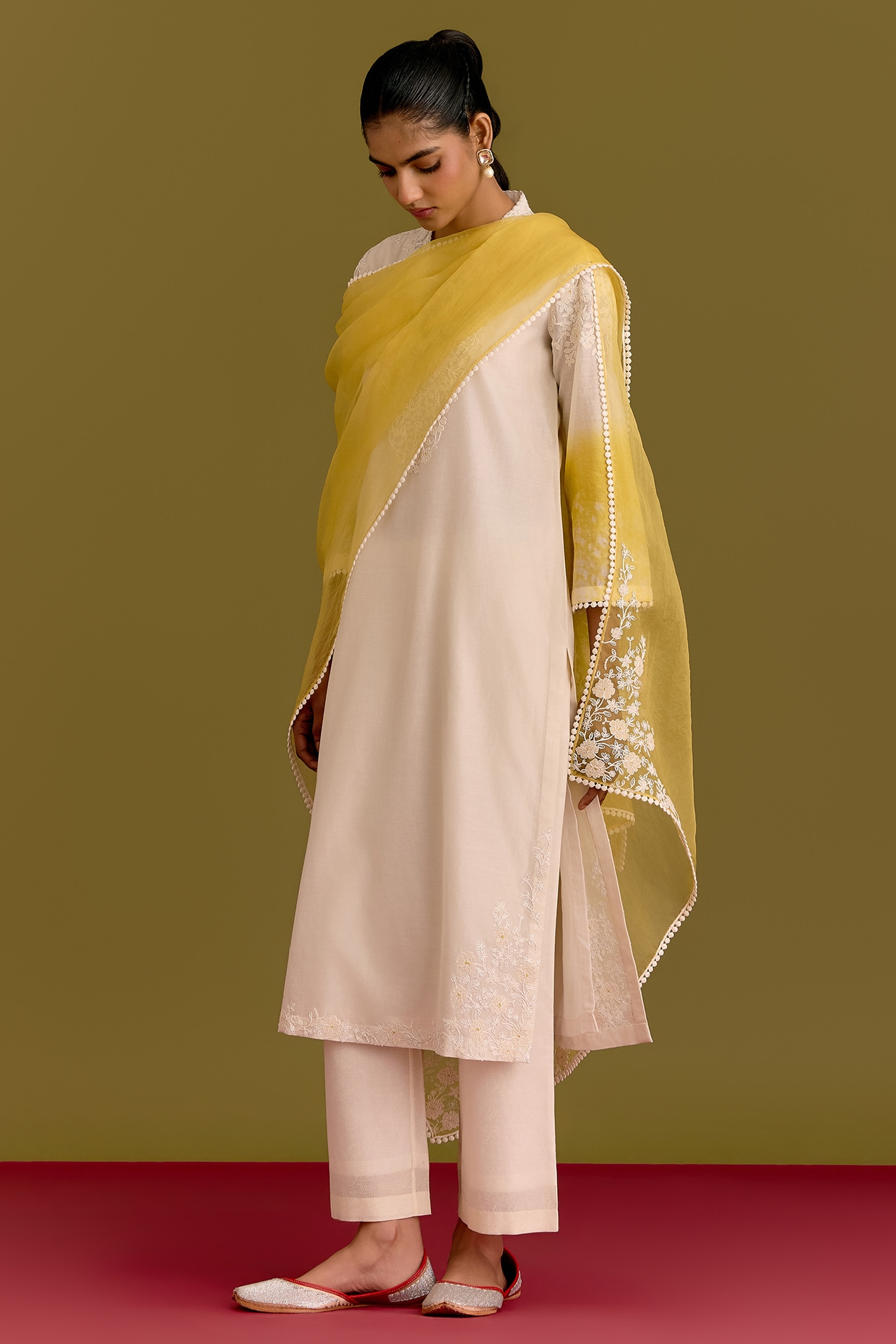 Devnaagri Ivory Silk Chanderi Dori Embroidered Kurta Set