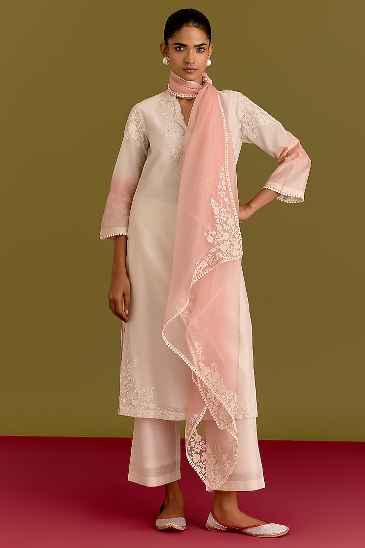 Ivory Silk Chanderi Dori Embroidered Kurta Set by Devnaagri at Pernia's Pop Up Shop