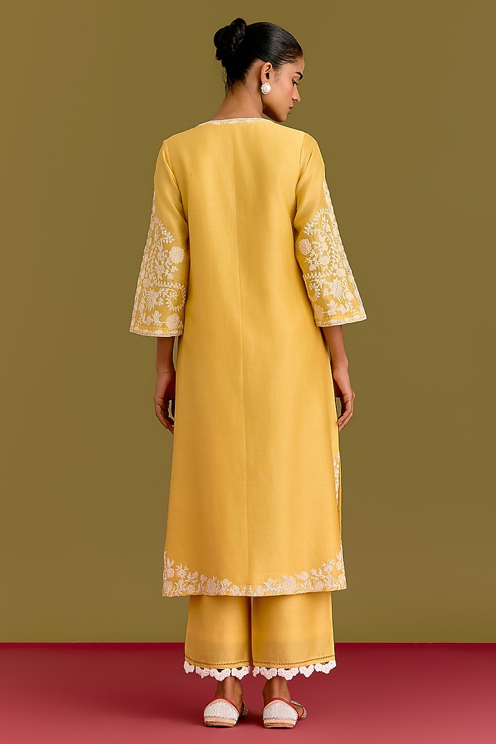 Yellow Silk Chanderi Dori Embroidered Kurta Set by Devnaagri at Pernia's Pop Up Shop