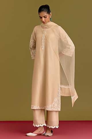 Beige Silk Chanderi Dori Embroidered Kurta Set by Devnaagri