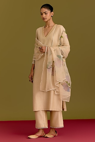 Beige Silk Chanderi Dori Embroidered Kurta Set by Devnaagri