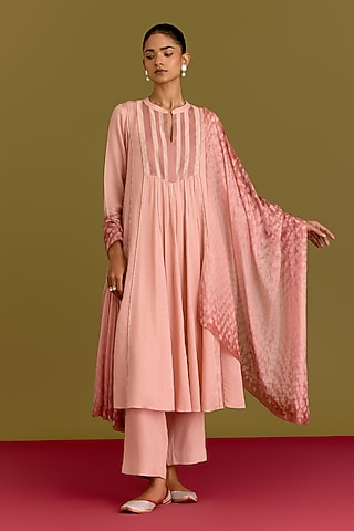 Blush PInk Cotton Silk Satin Kurta Set by Devnaagri