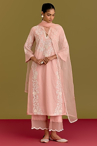 Pink Woven Chanderi Dori Embroidered Kurta Set by Devnaagri