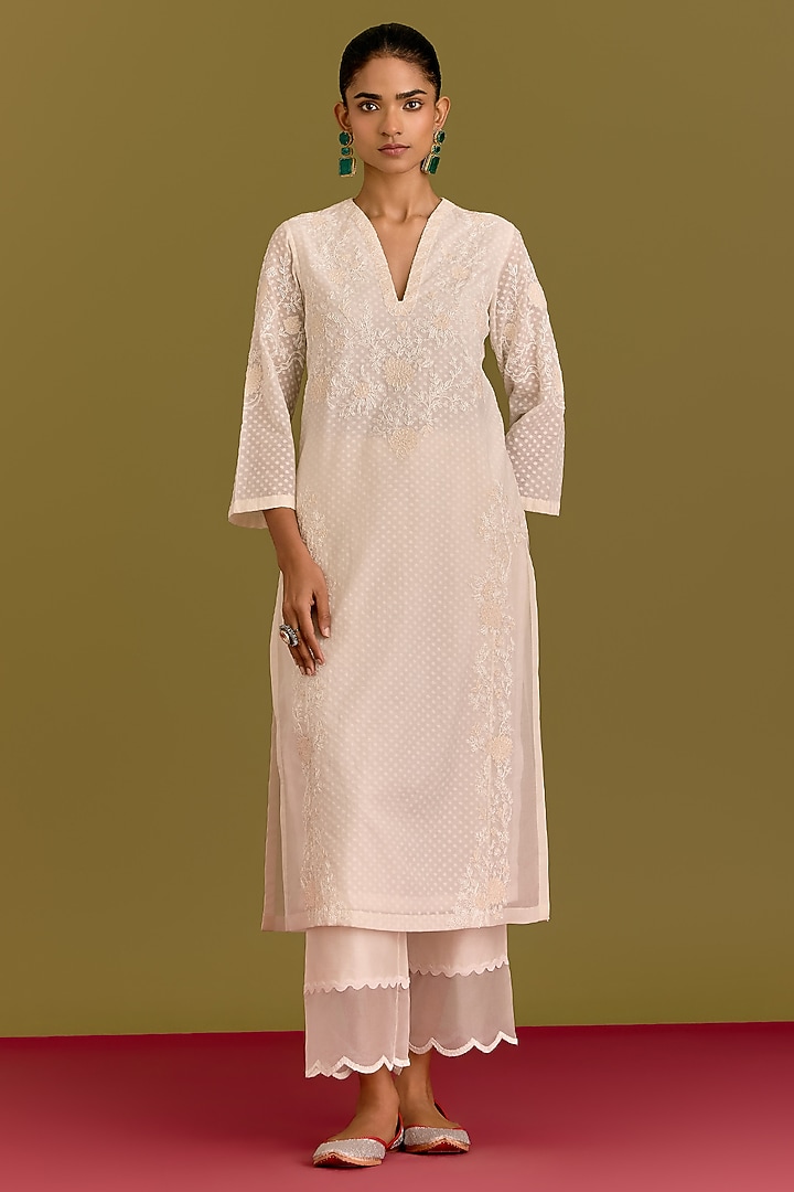 Ivory Woven Chanderi Dori Embroidered Kurta Set by Devnaagri at Pernia's Pop Up Shop