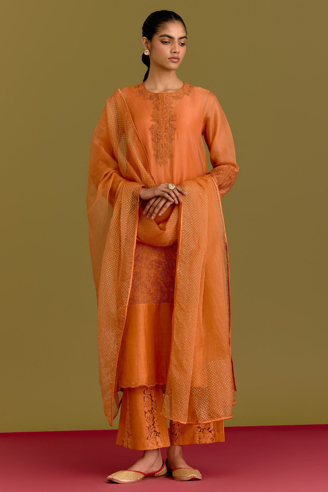 Devnaagri Orange Silk Chanderi Dori Embroidered Kurta Set