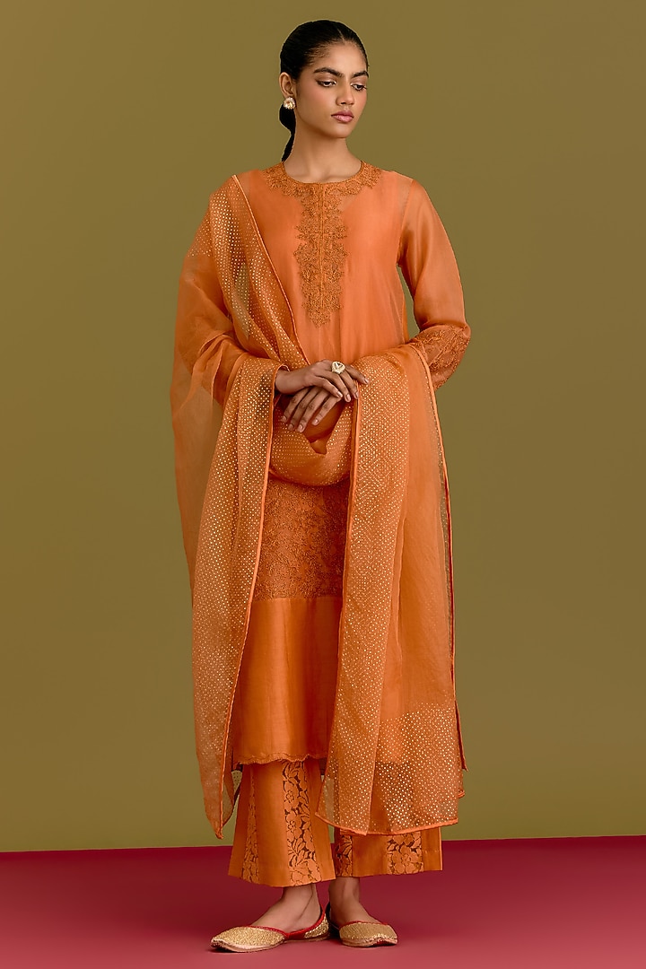 Orange Silk Chanderi Dori Embroidered Kurta Set by Devnaagri at Pernia's Pop Up Shop