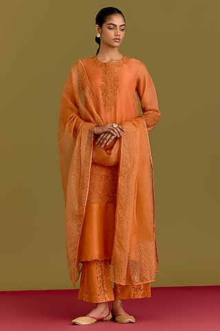 Orange Silk Chanderi Dori Embroidered Kurta Set by Devnaagri