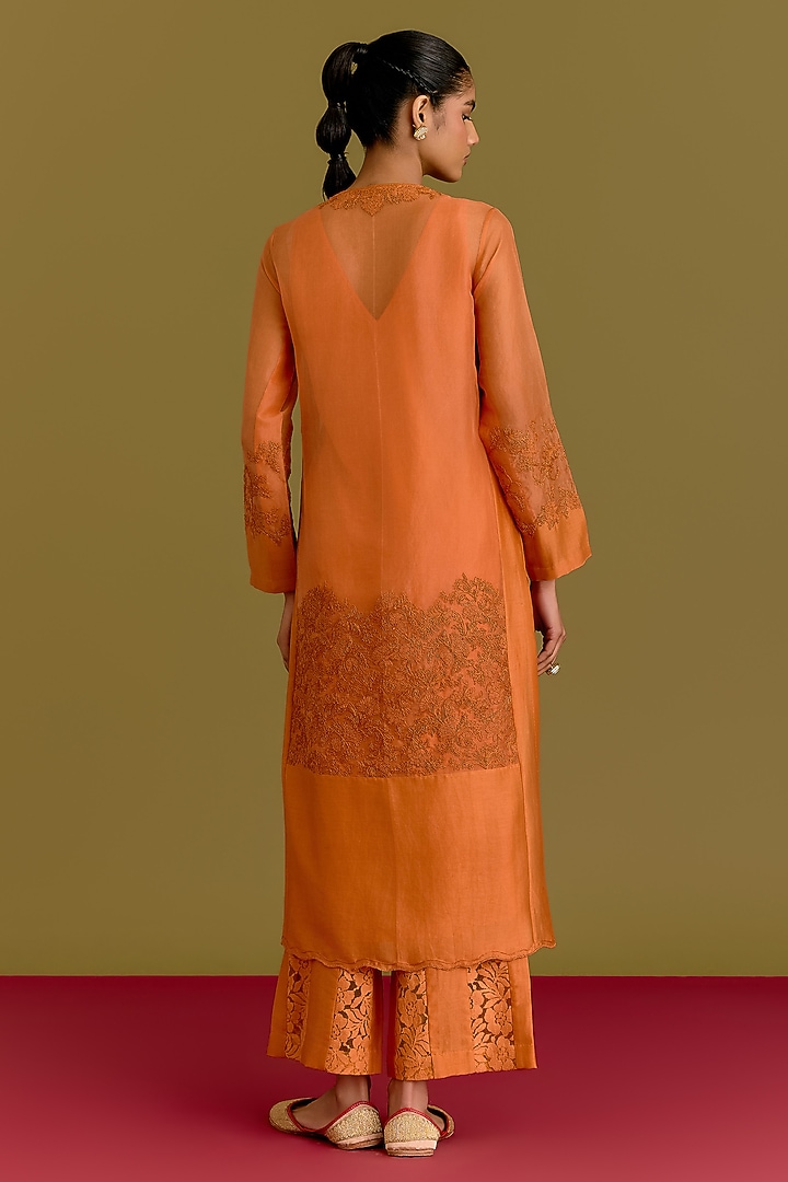Orange Silk Chanderi Dori Embroidered Kurta Set by Devnaagri at Pernia's Pop Up Shop