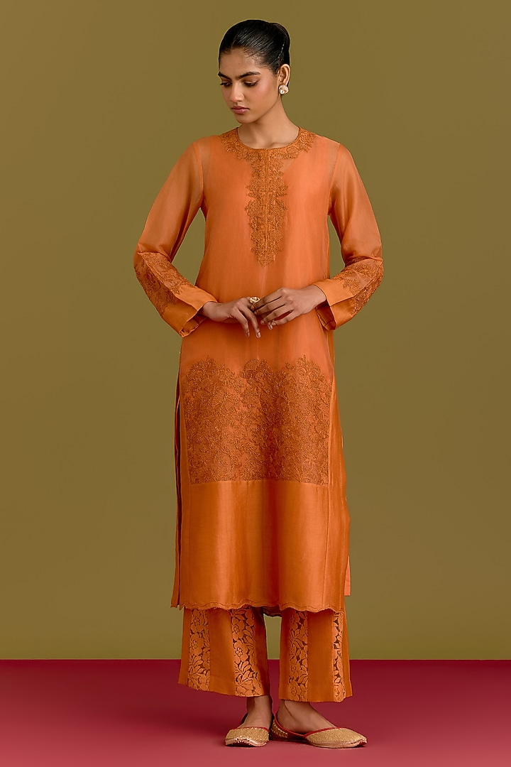 Orange Silk Chanderi Dori Embroidered Kurta Set by Devnaagri at Pernia's Pop Up Shop