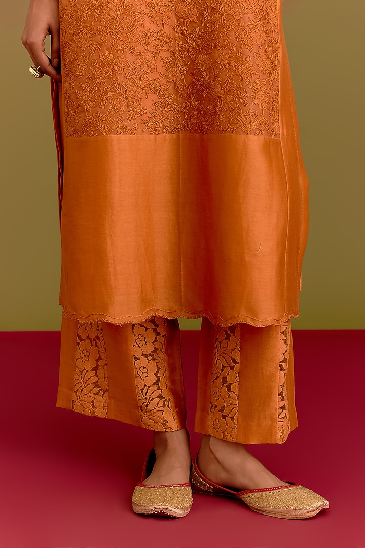 Orange Silk Chanderi Dori Embroidered Kurta Set by Devnaagri at Pernia's Pop Up Shop