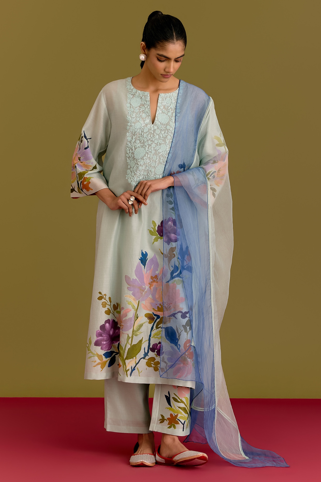 Devnaagri Powder Blue Silk Chanderi Hand Painted Kurta Set