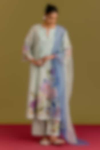 Powder Blue Silk Chanderi Hand Painted Kurta Set by Devnaagri at Pernia's Pop Up Shop