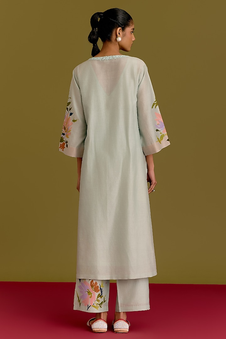 Powder Blue Silk Chanderi Hand Painted Kurta Set by Devnaagri at Pernia's Pop Up Shop