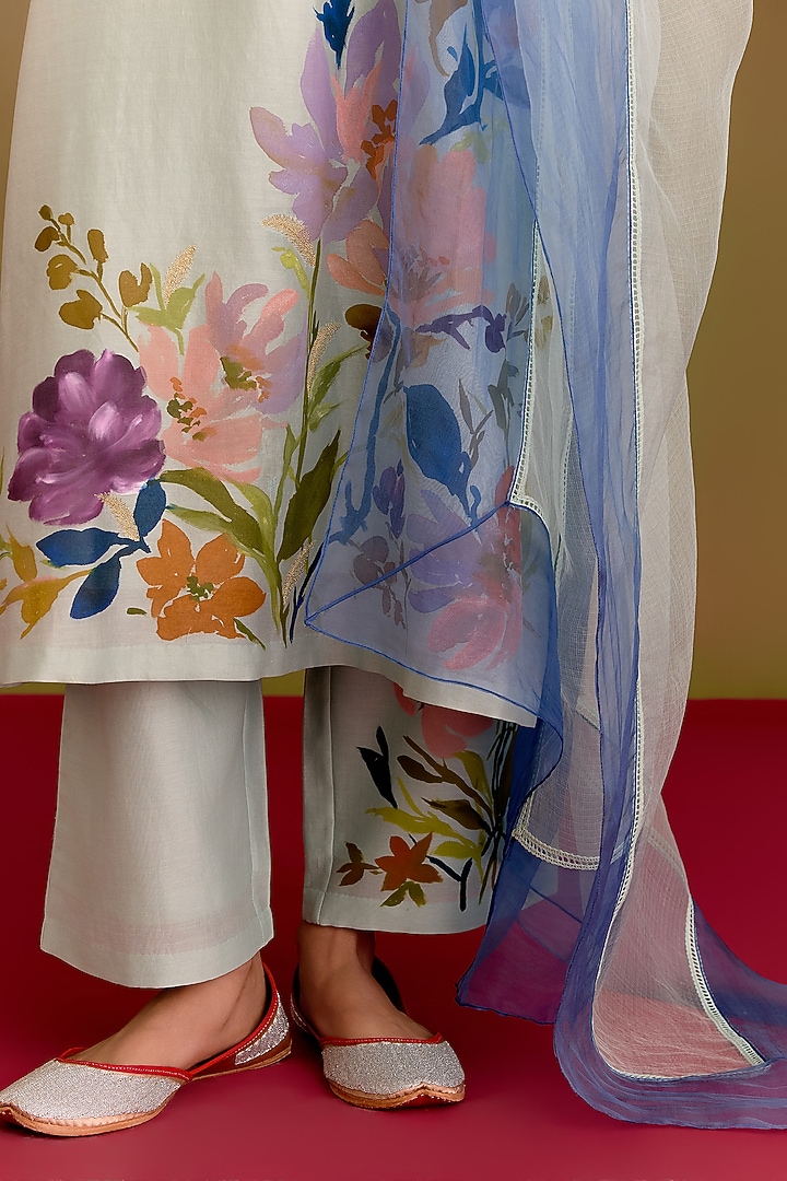 Powder Blue Silk Chanderi Hand Painted Kurta Set by Devnaagri at Pernia's Pop Up Shop